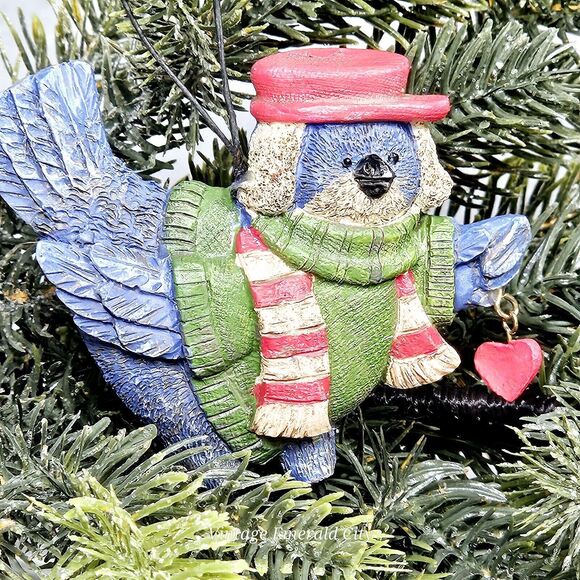 Vtg Resin Bluebird Blue Bird Blue Jay Holding Heart Christmas Tree Ornament 3" - Picture 3 of 8